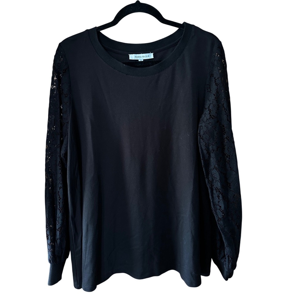 Rose Olive Black Lace Sleeve‎ Crew Neck Long Sleeve Tunic Top Plus Size 1X